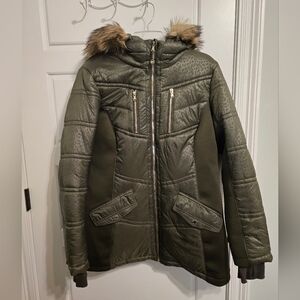 Olive Green Women's Jacket with Faux Fur Hood- Michael Kors 1X